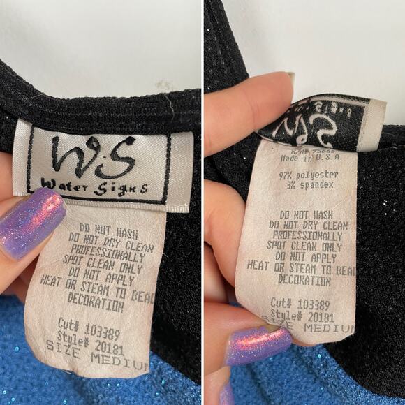 Vintage Water Signs Blue Black One Shoulder Sparkly Formal Maxi Dress Gown M - Picture 13 of 16